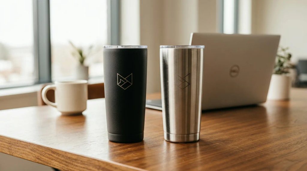 Tumbler stainless steel promosi premium di meja kerja kantor modern