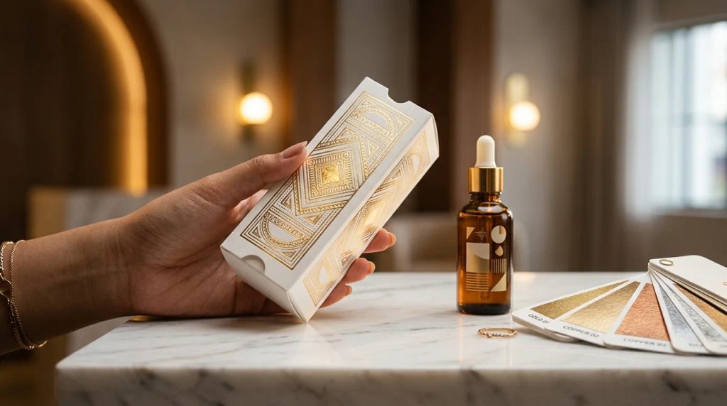 Box kemasan skincare dengan finishing hot foil gold metallic untuk pasar Jakarta