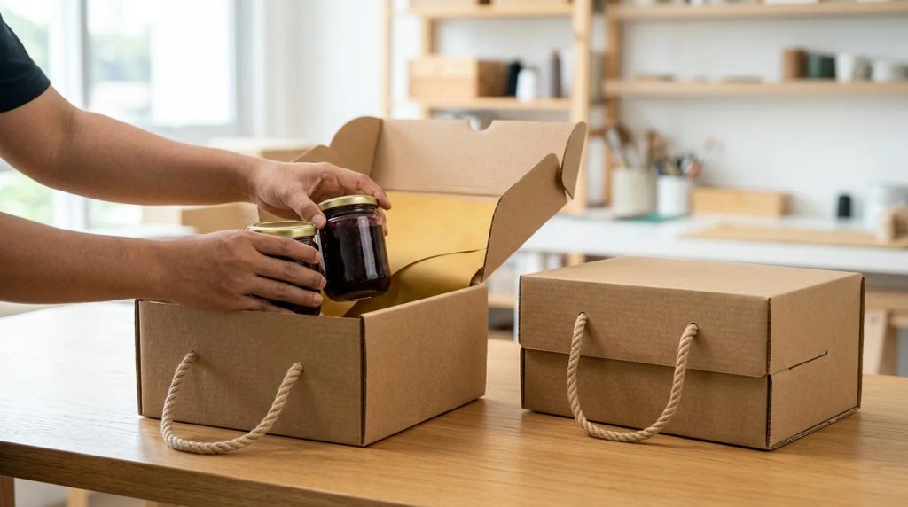 Uji kekuatan beban handle box premium untuk produk toples kaca
