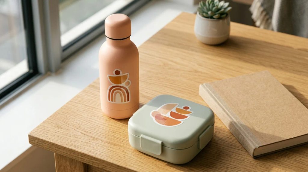 Penerapan stiker nama custom tahan air pada botol minum dan perlengkapan sekolah anak