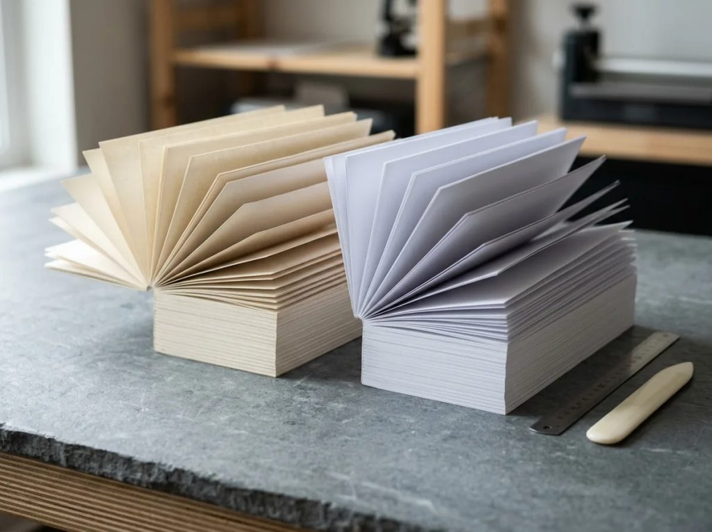 Tumpukan kertas isi agenda custom bookpaper krem dan HVS putih di meja percetakan.