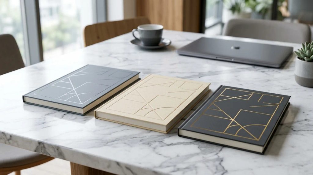Koleksi buku company profile thin hard cover dengan variasi finishing foil dan spot UV