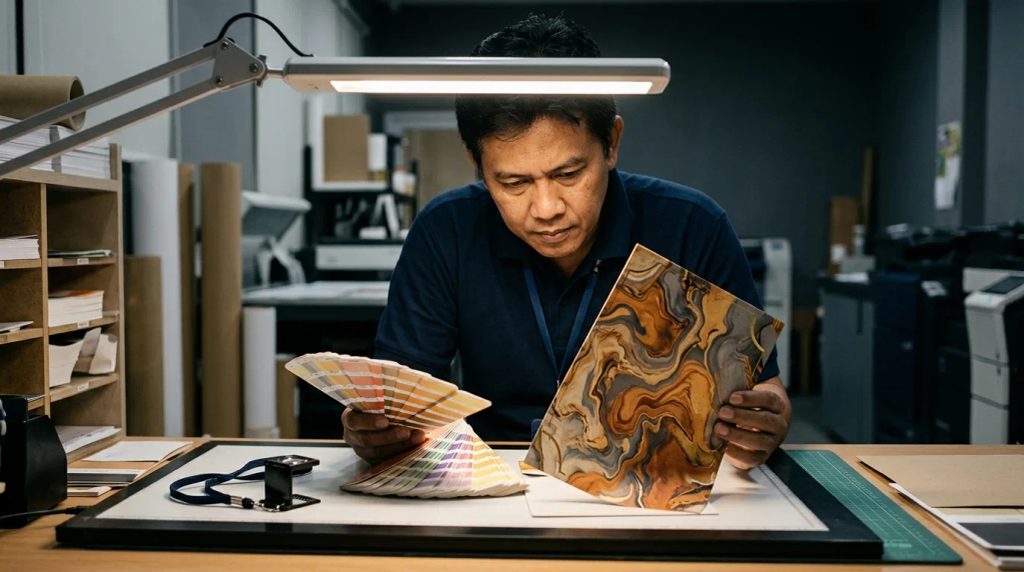 Proses pengecekan kecocokan warna dan resolusi cetak motif fluid art menggunakan panduan warna standar
