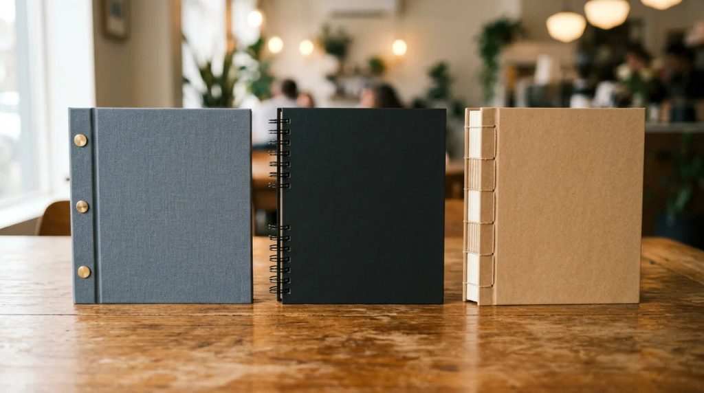 Pilihan sistem penjilidan buku menu hard cover baut sekrup, spiral tersembunyi, dan jahit benang