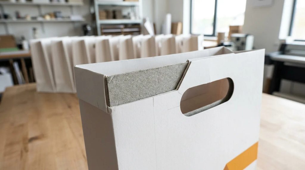 Detail lapisan karton penguat tersembunyi pada turn top hem paper bag die cut