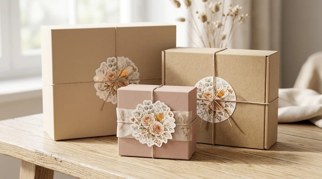 Penerapan stiker floral pattern custom pada kemasan hampers produk estetik