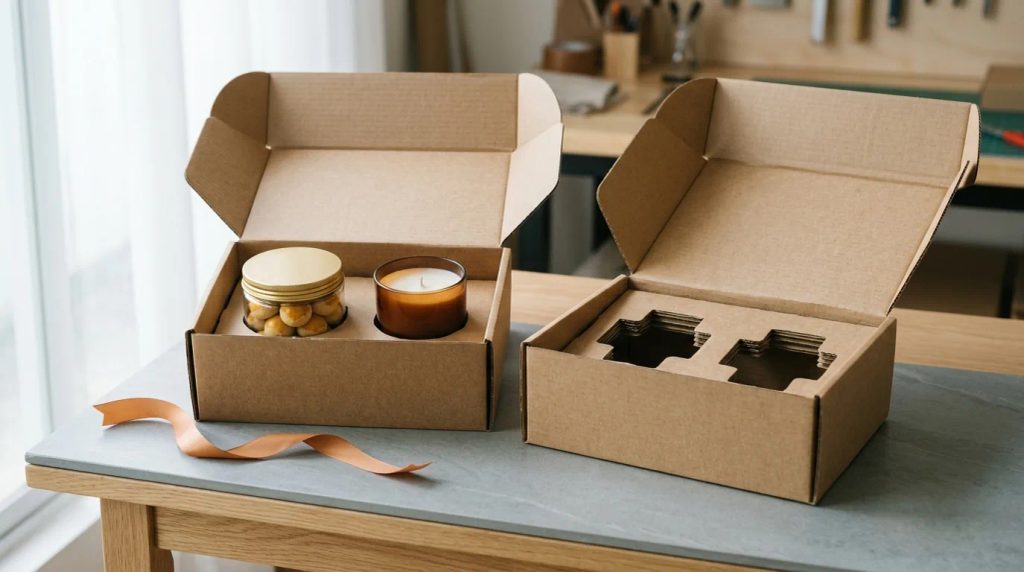 Partisi custom insert die-cut di dalam corrugated box hampers