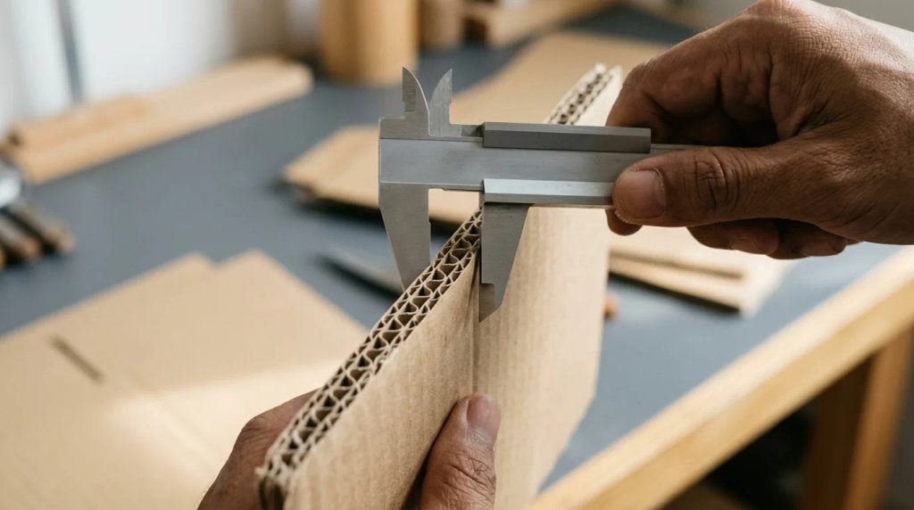 Pemeriksaan ketebalan profil flute corrugated box untuk hampers Natal