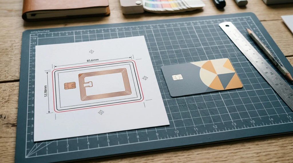 Panduan teknis layout desain kartu e-Money dengan garis bleed dan area aman
