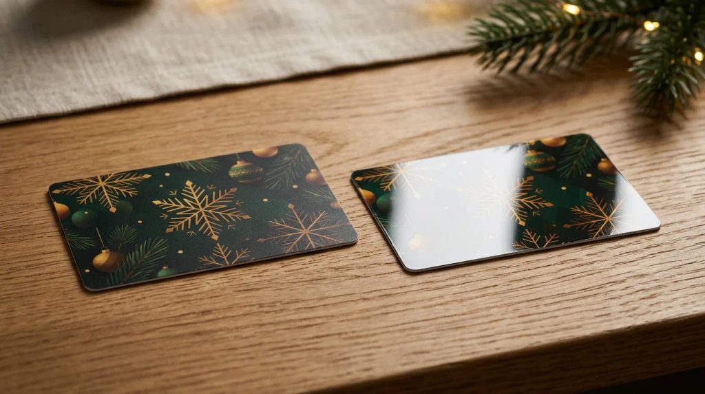 Perbandingan kartu emoney natal laminasi doff dan glossy