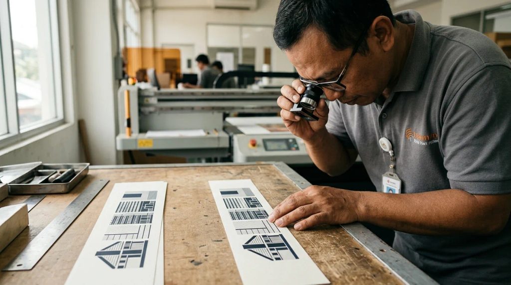 Proses pengecekan proof print strip pola geometris sebelum cetak massal