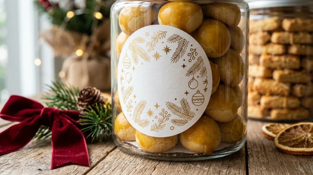 Inspirasi stiker toples kue natal dengan desain branded elegan pada kemasan hampers