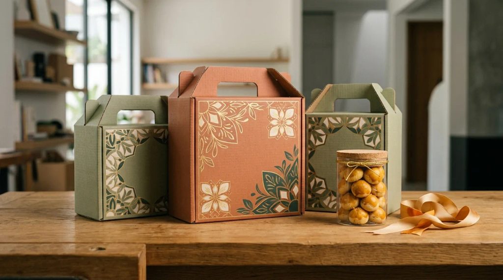 Corrugated box lebaran finishing matte untuk kemasan hampers eksklusif