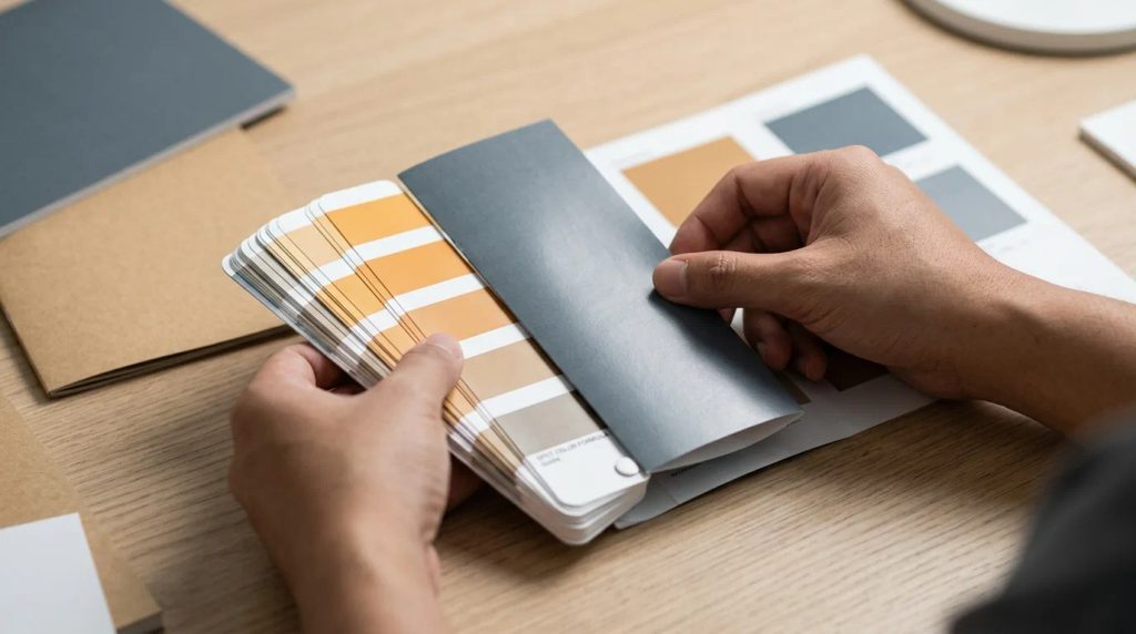 Pencocokan warna cetak offset menggunakan panduan warna Pantone di meja kerja studio