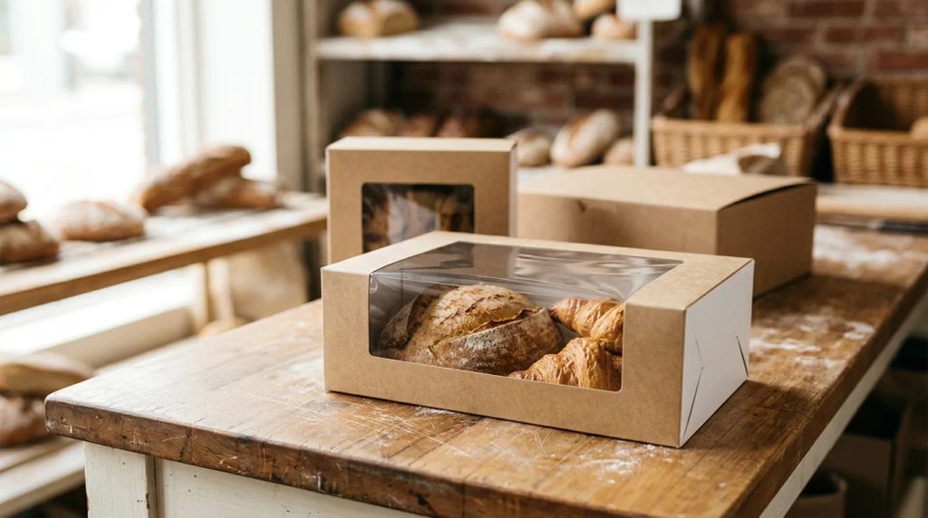 Inspirasi display dus roti custom dengan window mika transparan di etalase bakery