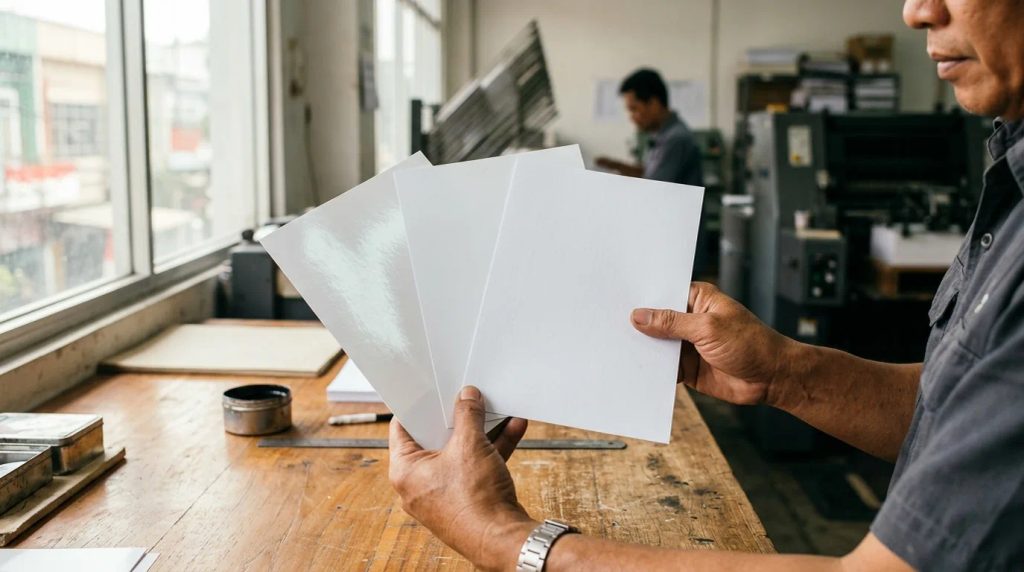 Perbandingan sampel gramatur kertas Art Paper dan Matte Paper untuk cetak bolak balik