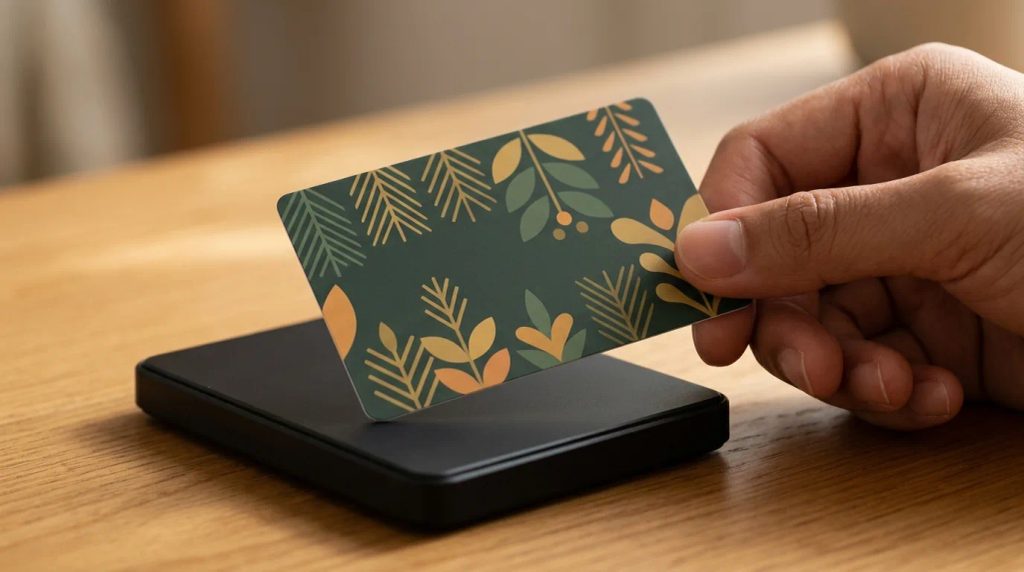 Detail permukaan kartu e-money lamination matte bebas bekas sidik jari saat digunakan bertransaksi di mesin kasir