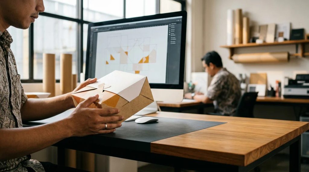 Pemeriksaan layout desain dan pola lipatan dieline dus roti custom