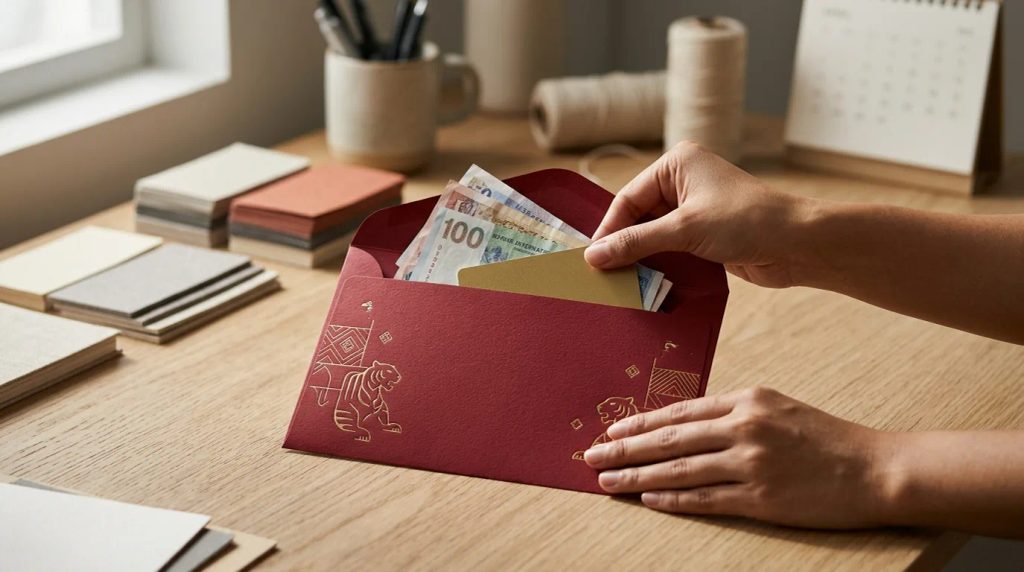 Kapasitas amplop angpao 15x25 cm memuat uang kertas utuh dan voucher bingkisan eksklusif