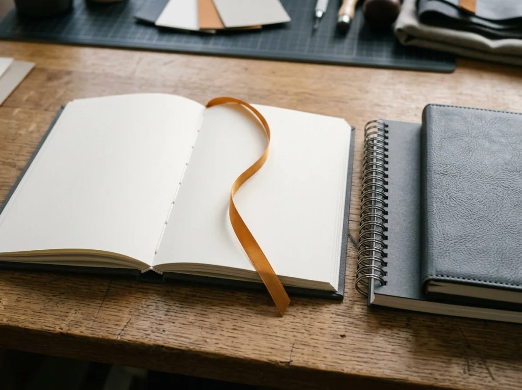 Pilihan jilid buku agenda custom: hardcover jahit benang, spiral wire-o, dan sampul PU leather premium.