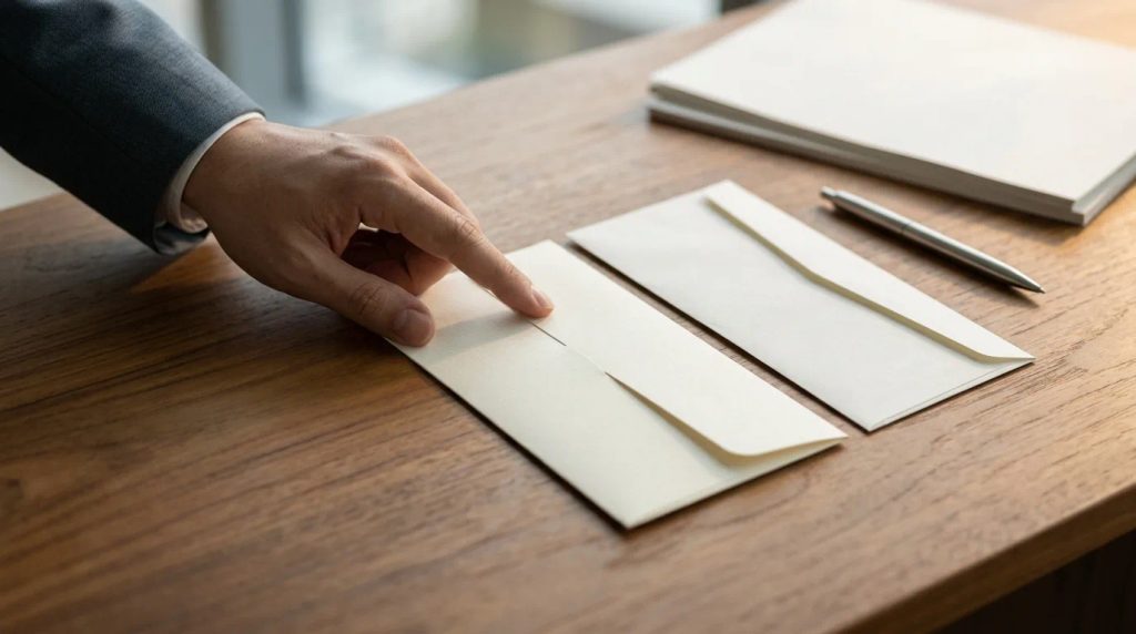 Pemeriksaan fisik amplop kabinet lem tengah berbahan kertas ivory untuk dokumen bisnis resmi
