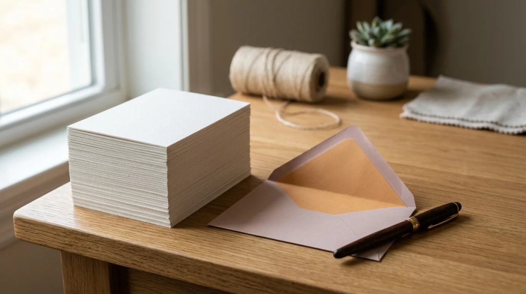 Tumpukan notecard custom batch 50 pcs dengan tekstur kertas premium di meja kerja studio
