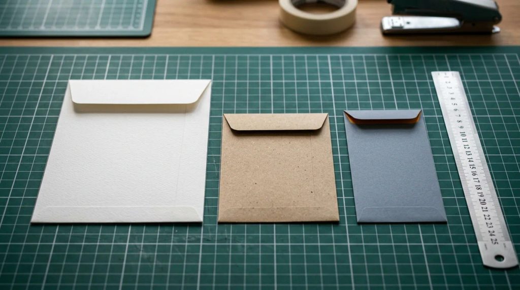 Panduan dimensi cetak amplop kartu ukuran A5, A6, dan DL di atas cutting mat