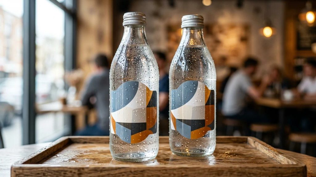 Aplikasi label stiker kemasan botol minuman dengan laminasi glossy tahan air
