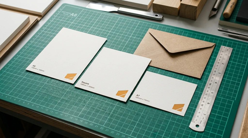 Perbandingan ukuran notecard lembaran A6, A7, dan Square di atas meja kerja desainer percetakan
