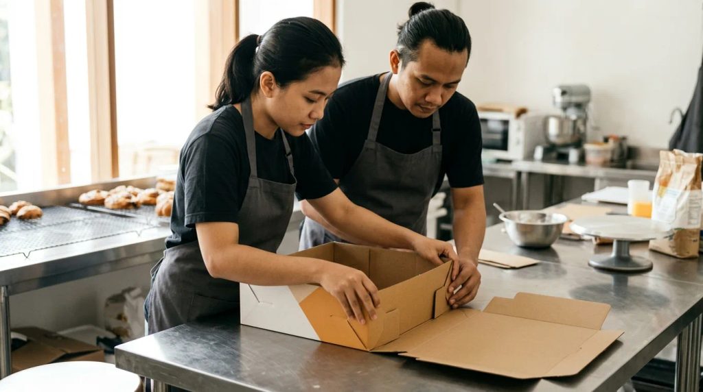 Pemeriksaan struktur fisik cetak bakery box ukuran besar di meja produksi bakery