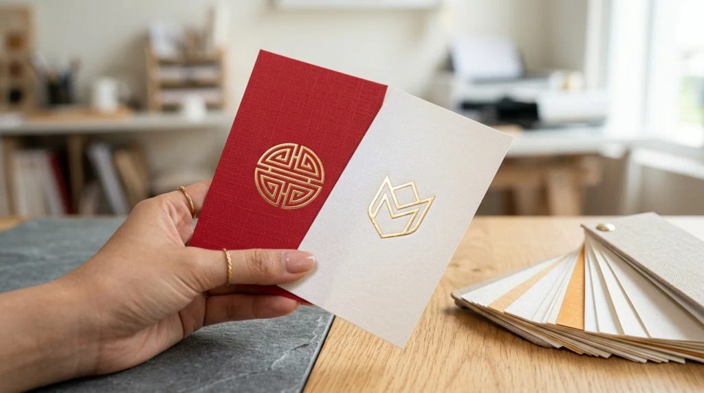 Perbandingan sampel material fancy paper bertekstur serat dan kertas jasmine untuk angpao eksklusif
