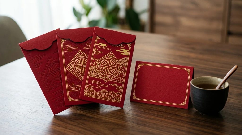 Koleksi angpao imlek custom eksklusif berbahan fancy paper dengan hotprint foil emas untuk relasi korporat