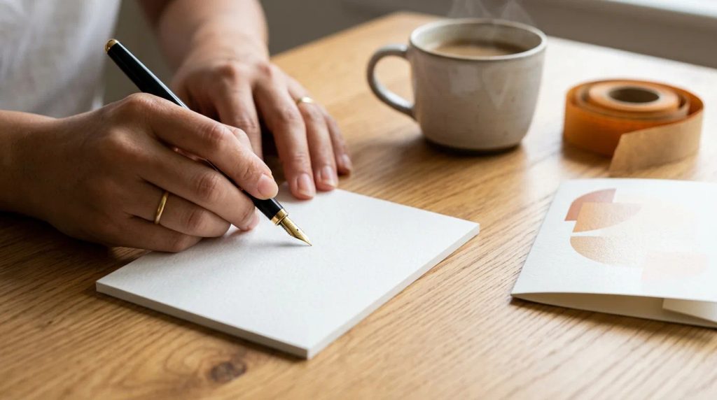 Menuliskan pesan tangan personal pada bagian belakang notecard cetak custom