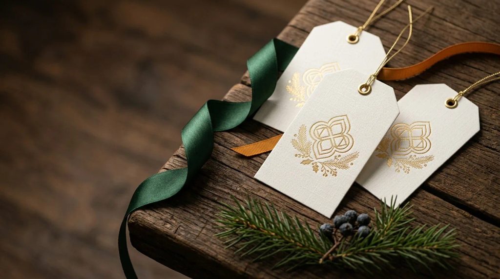 Detail desain gift tag natal berlogo bisnis dengan aksen foil emas dan pita satin mewah