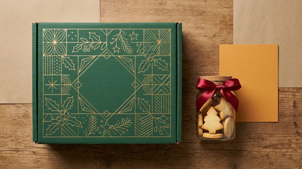 Koleksi corrugated box Natal branded dengan desain festive dan logo custom untuk hampers