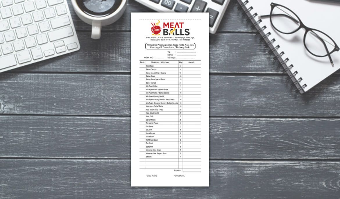 Nota pesanan Meat Balls dengan daftar menu dan jumlah