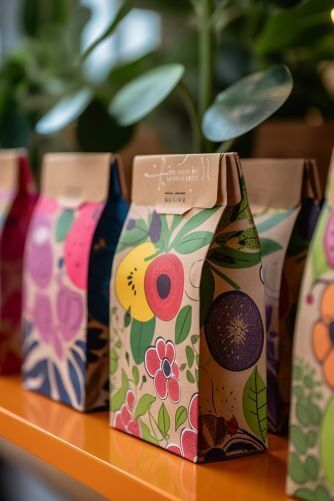 Paket kopi warna-warni dengan desain bunga dan daun yang menarik, cocok untuk penggemar kopi.