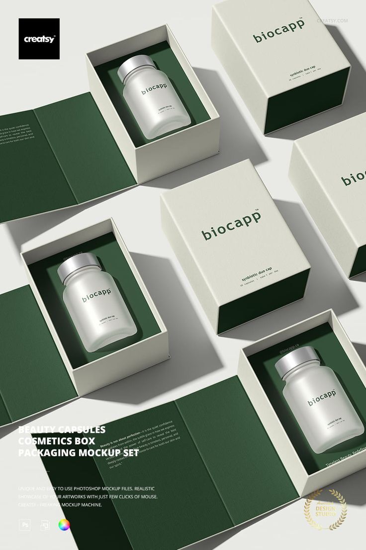 Gambar menampilkan mockup kotak kosmetik Biocapp dalam berbagai posisi dan sudut.