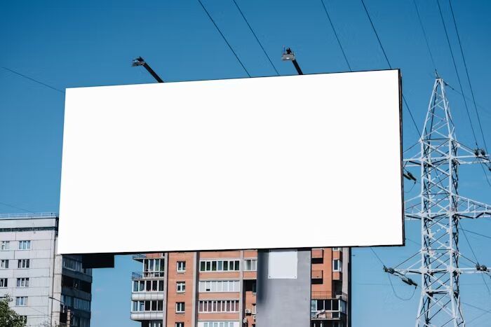 Billboard putih besar di depan bangunan apartemen