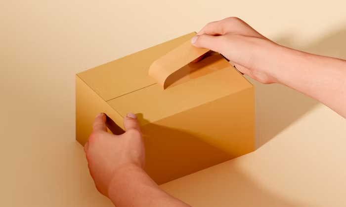 Tangan memegang kotak kue dengan handle dari bahan kertas kuning.