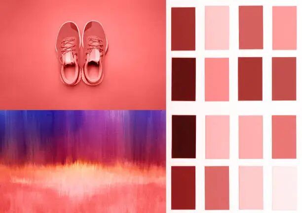 Sepatu casual merah muda dan palet warna merah berbagai gradasi