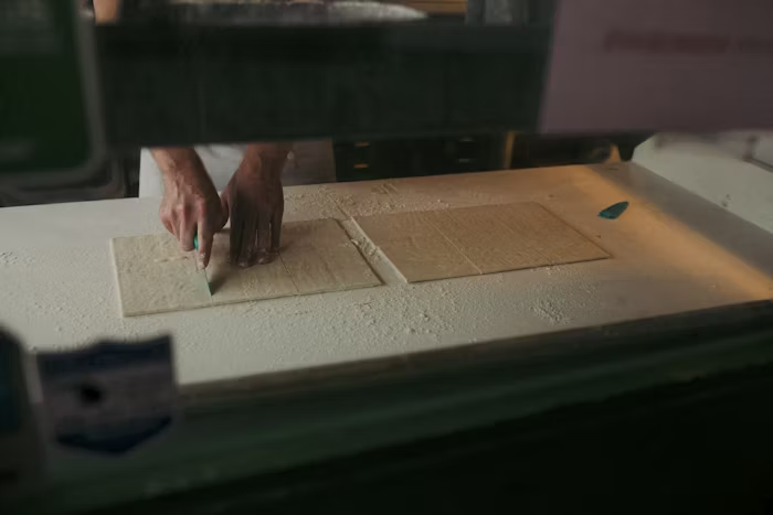 Tangan sedang menggunakan alat penggaris untuk mempersiapkan cetakan di Uprint.id.