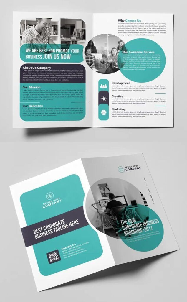 Brosur bisnis modern dengan elemen grafis dan foto.