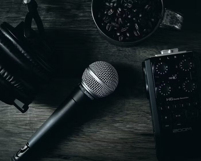 Microphone, audio recorder, and coffee beans on a wooden surface.