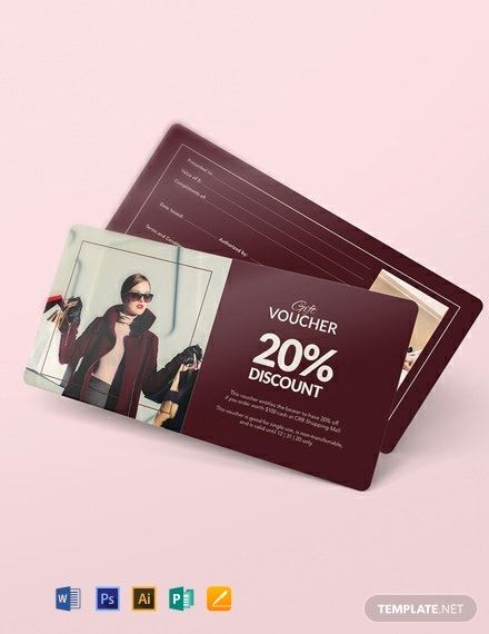 Desain voucher diskon 20% dengan foto model dan detail informasi.