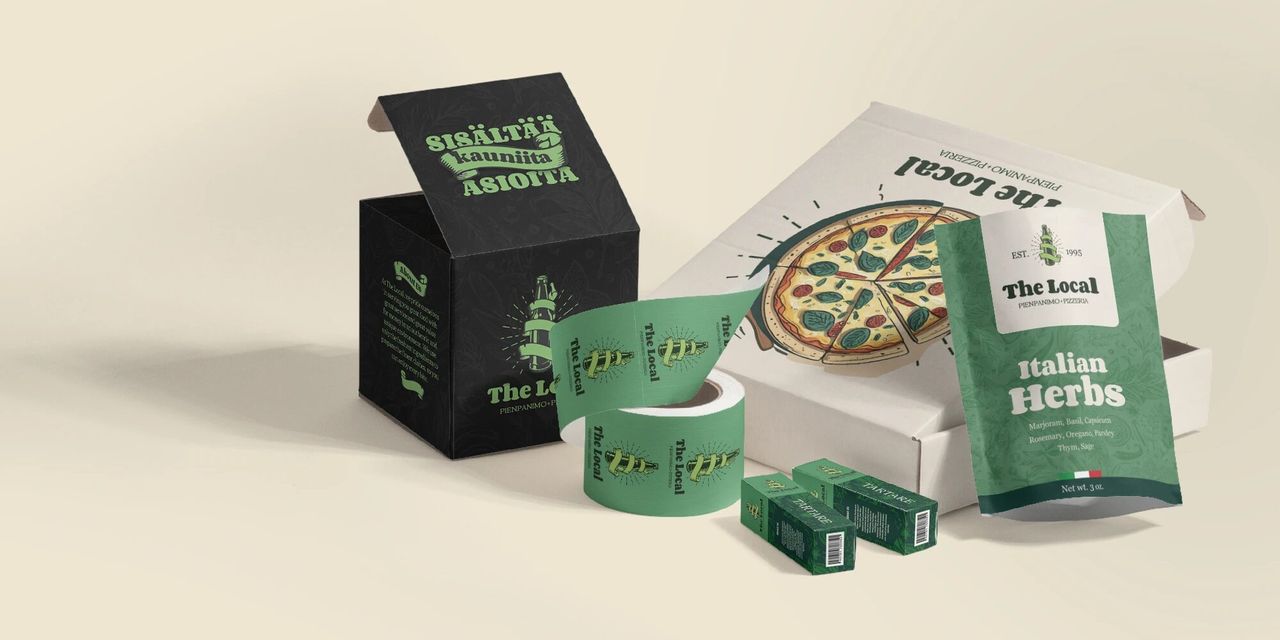 Paket makanan dan minuman The Local dengan desain menarik dan warna hijau.