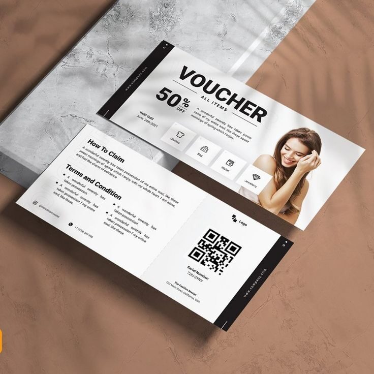 Brosur voucher diskon 50% dengan QR code dan foto wanita tersenyum.