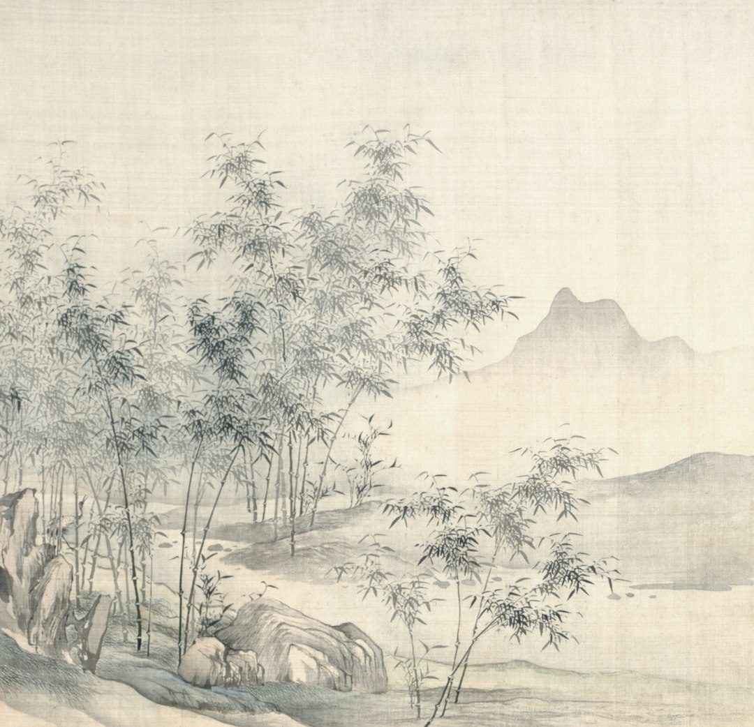 Ilustrasi bambu dan gunung di alam sejuk