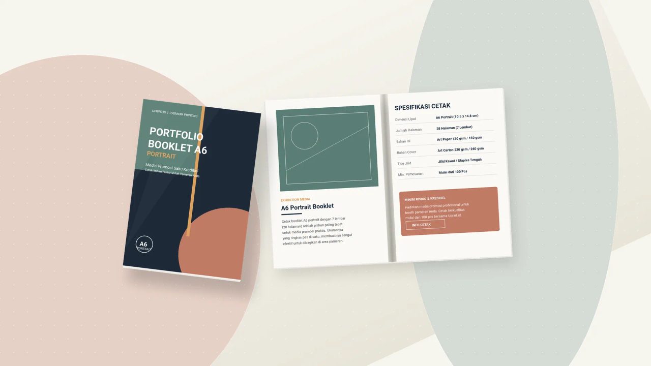 Ilustrasi cetak booklet A6 portrait premium dari Uprint.id untuk media promosi pameran yang kredibel.