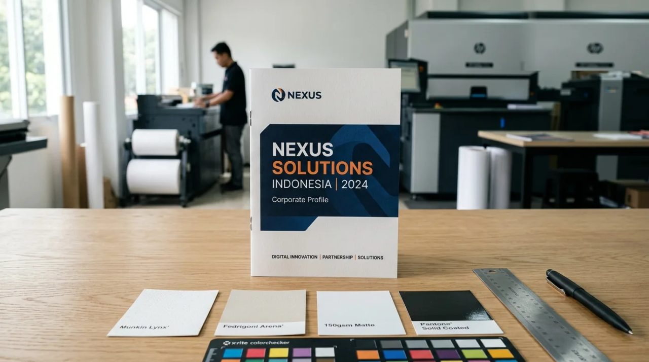 Panduan cetak booklet A6 portrait B2B berkualitas dengan jilid staples dan sampel kertas di Uprint.id.